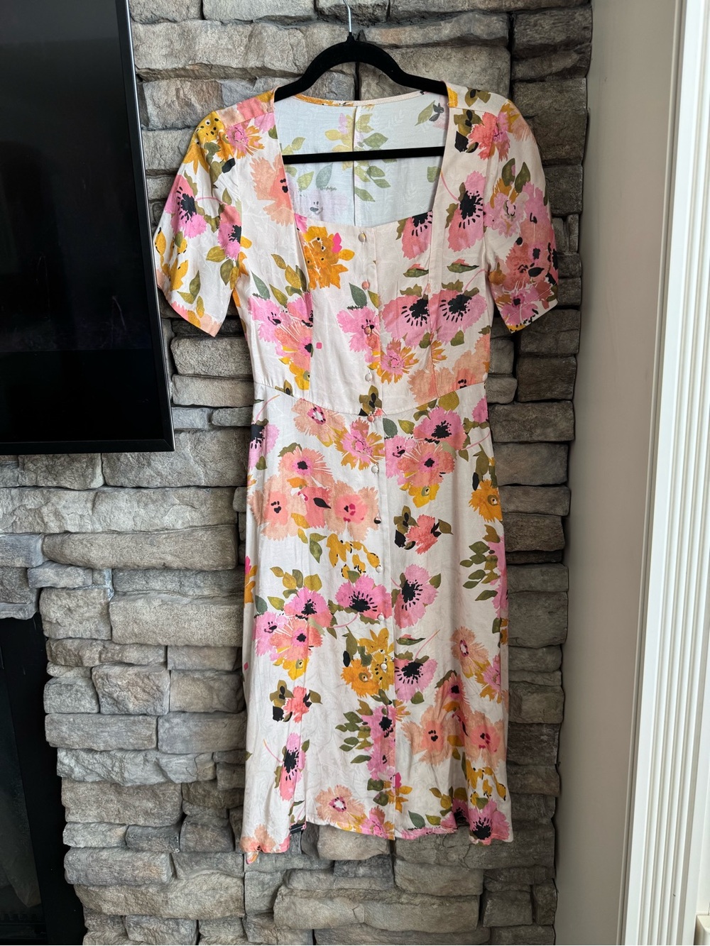 Sezane Floral Square-Neck Midi Dress in Pink, Yellow & Green